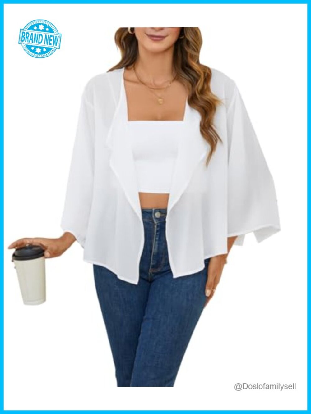 Women 3/4 Sleeve Chiffon Kimono Cardigan Open Front Short Shrug Cover Up